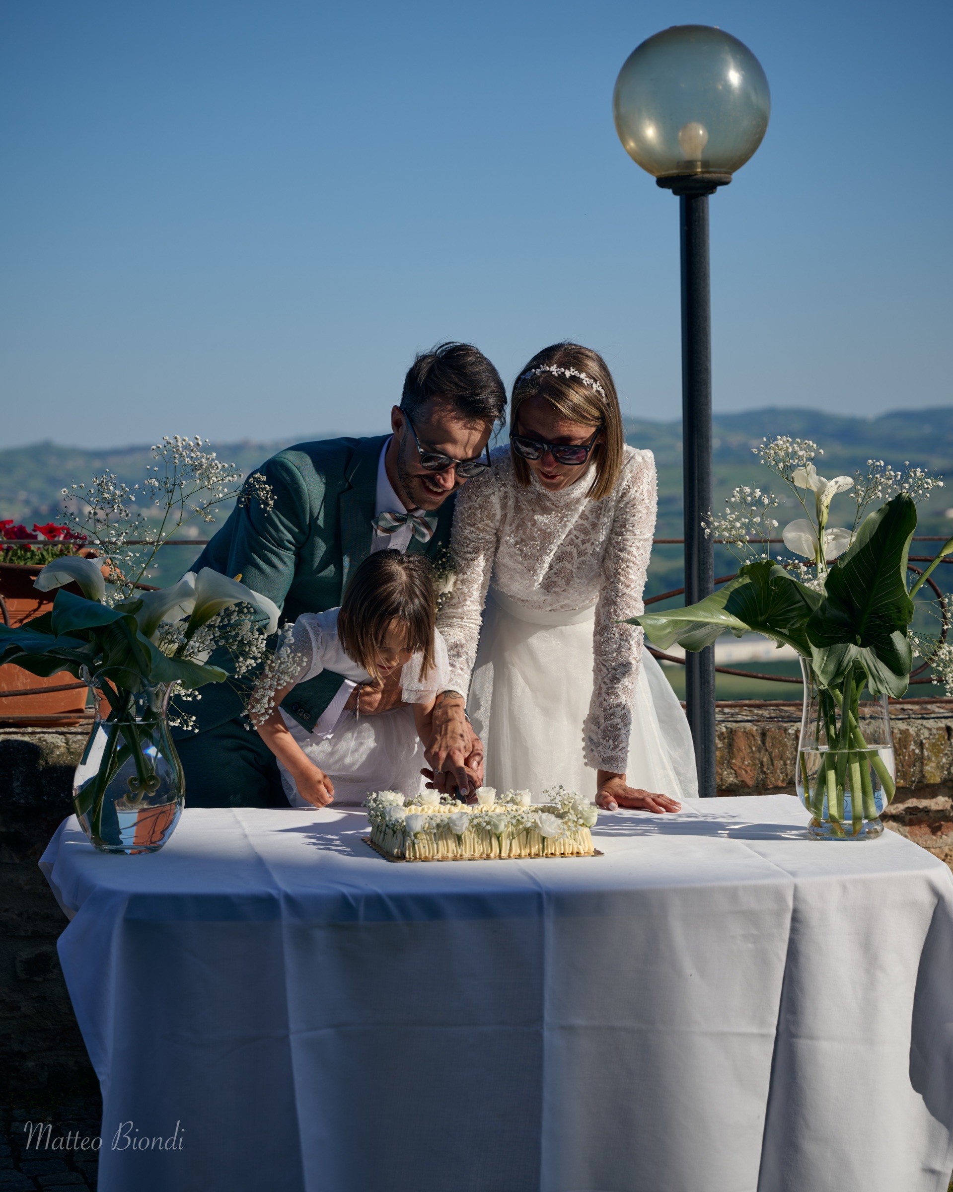 Taglio della torta durante il ricevimento di matrimonio