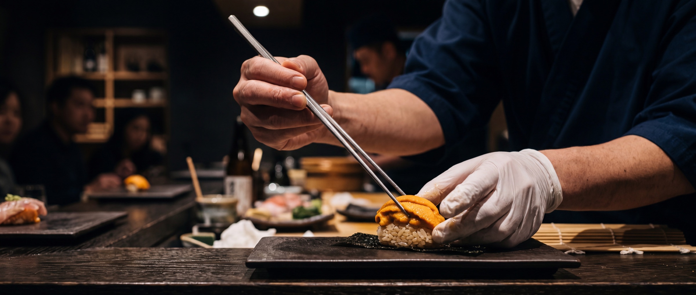 Chef prepara sushi al banco di un ristorante giapponese